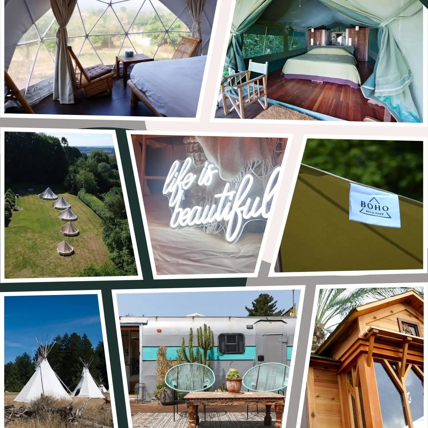 What is a Glamping Tent Called - Collage of Glamping Tents including bell tent, air dome tent, safari tent and treehouse tent