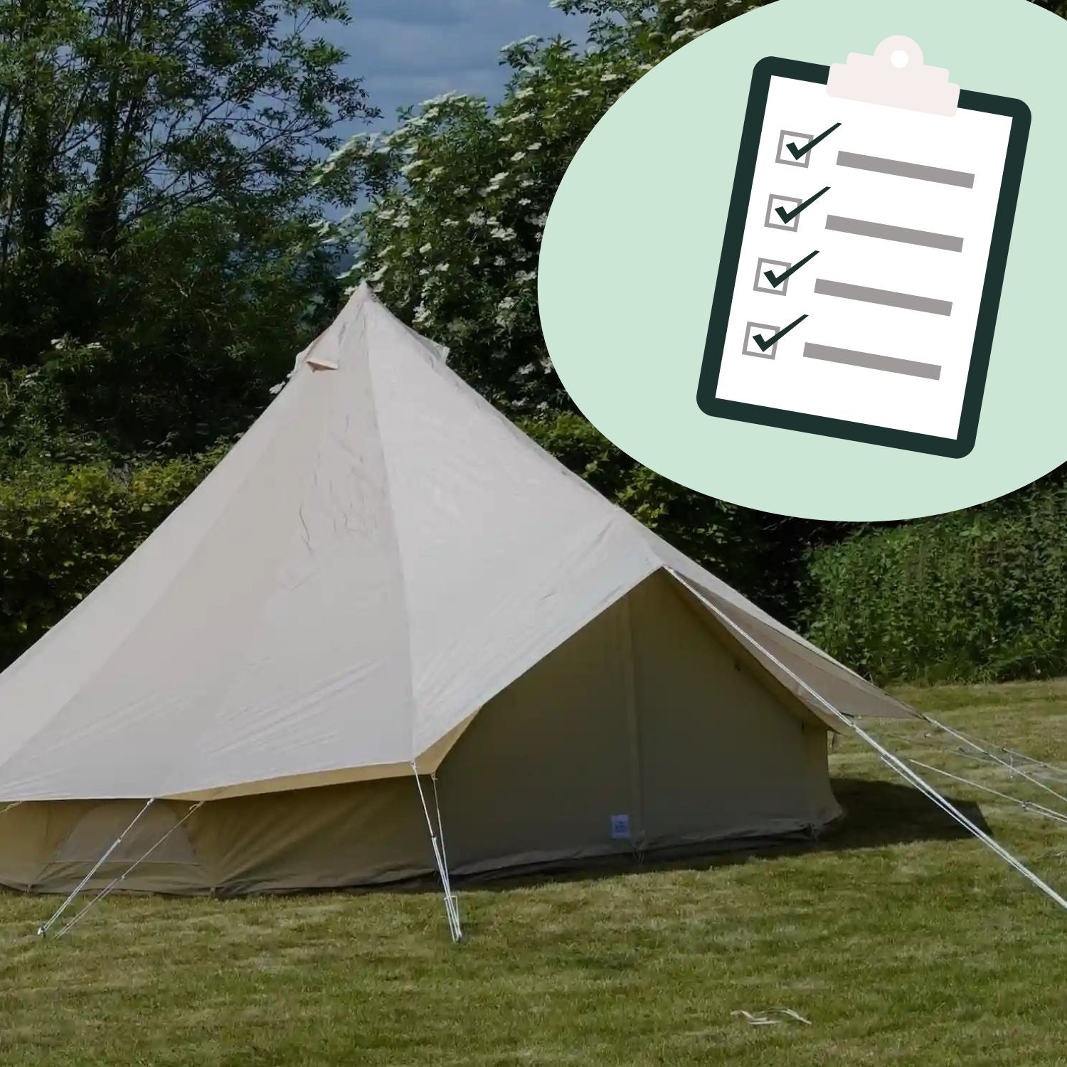 What to take camping - Bell Tent next to a cartoon check list